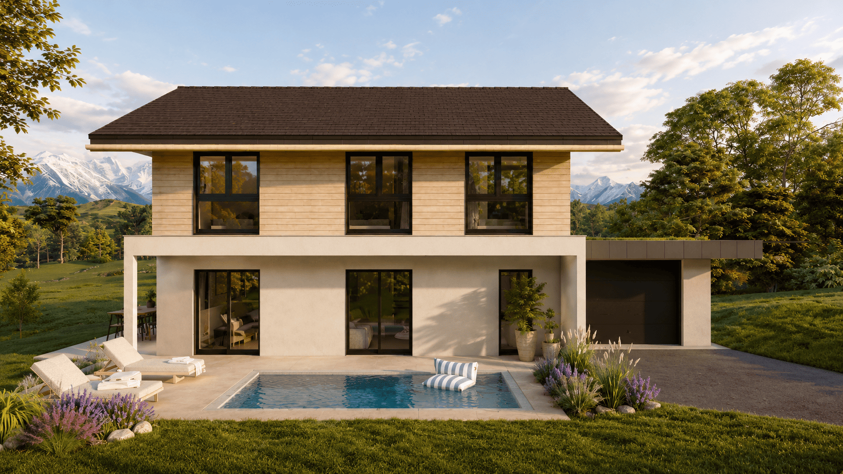 Terrasse et jardin d'une villa contemporaine à Annecy-le-Vieux
